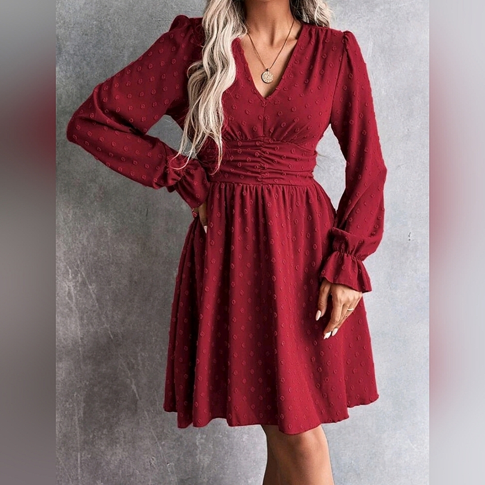 New Flowy Dot Long Sleeve Ruched Waist Short Dress Burgundy Red